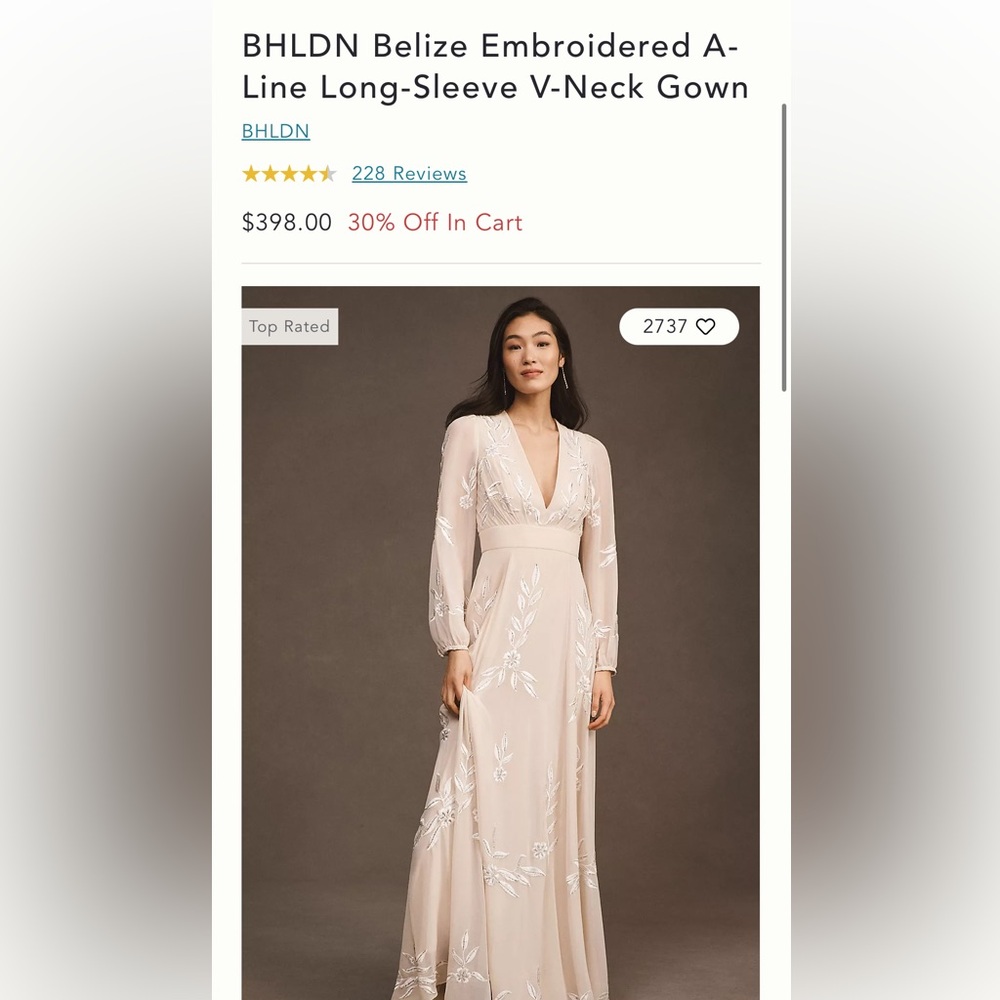 BHLDN Belize Embroidered A-Line Long-Sleeve V-Neck Gown